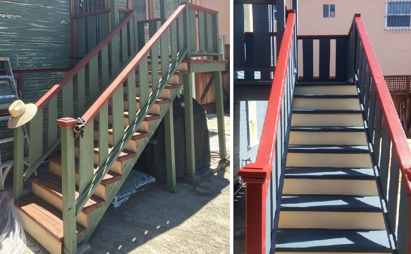 Exterior stair painting before and after Oakland CA